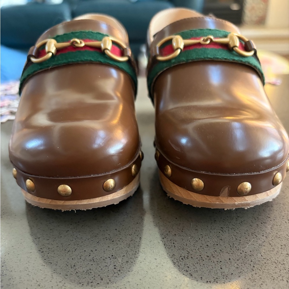 Gucci Brown Leather Studded Clogs